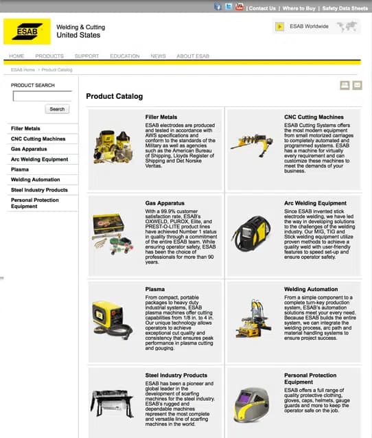 A product catalog site for a welding equipment and supplies manufacturer